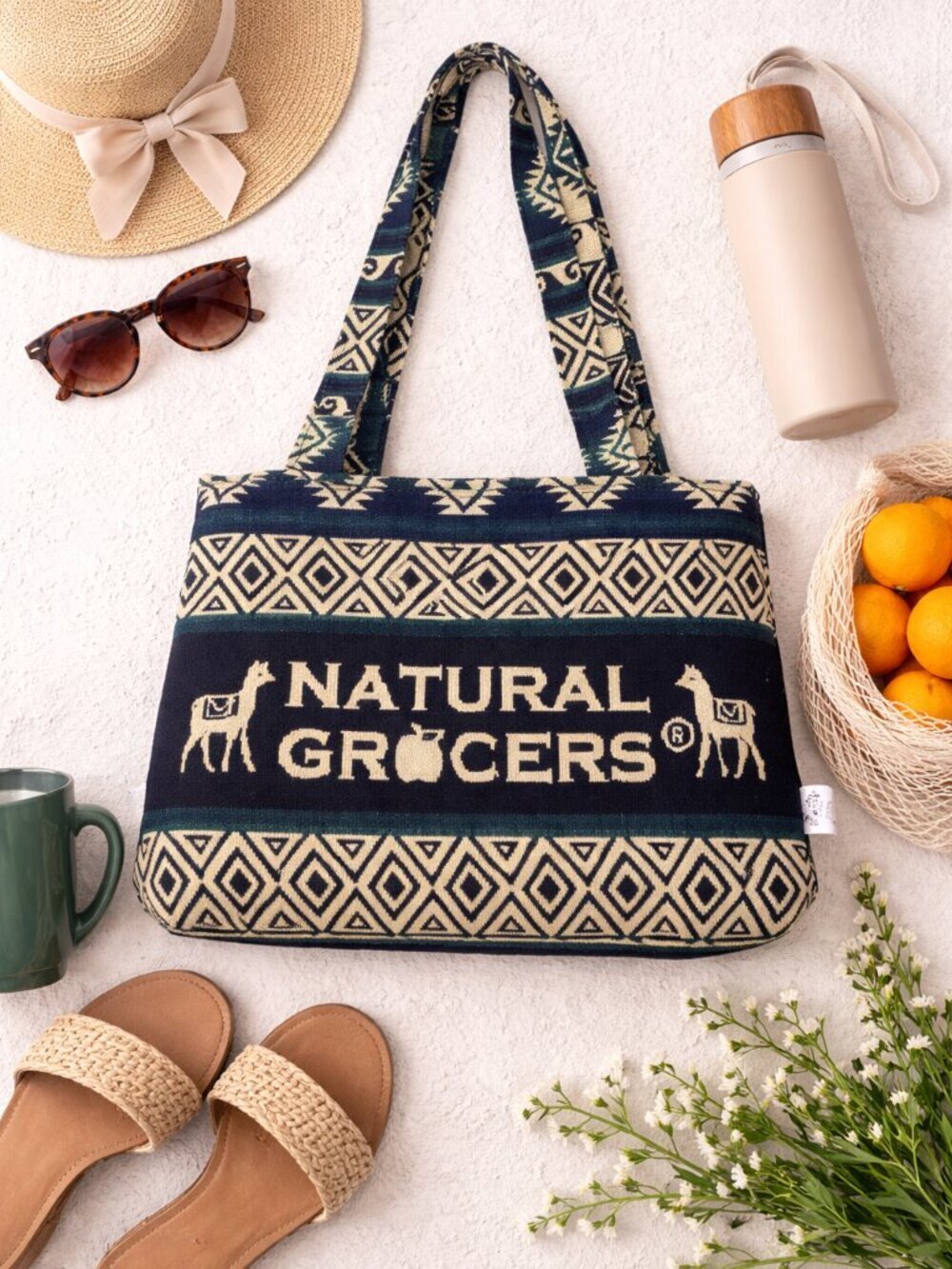 Natural Grocers Woven Tote Bag Southwestern Llama Pattern Zip Top